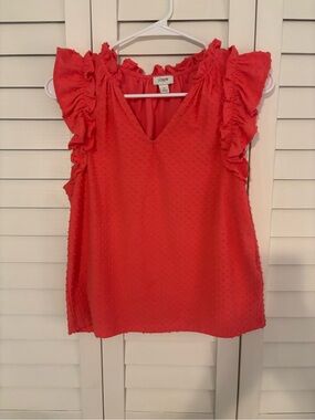 J. Crew Top Ladies Coral Ruffle Sleeve Swiss Dot V-Neck Sz S